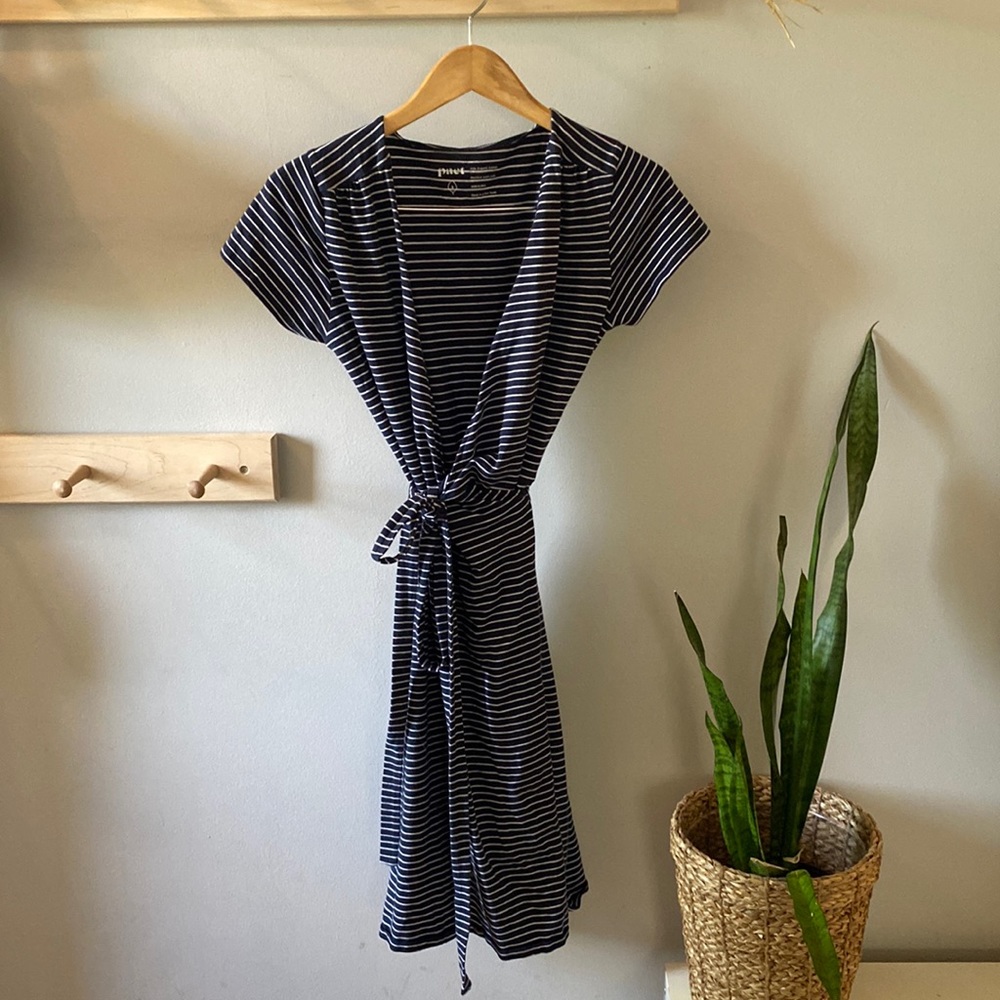 pact Jersey Blue + Striped Wrap Dress.